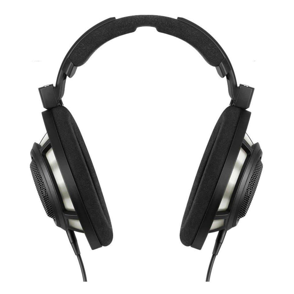 The Sennheiser HD 800S Headphones - Open Box are over-ear, open-back headphones with a padded headband and cushioned ear cups, shown front-facing on a white background with a cord from the left ear cup, highlighting Sennheiser’s iconic design.