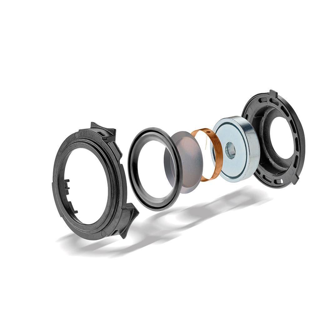 An exploded view of the Focal Stellia Headphones - Open Box by Focal shows six aligned circular components—plastic, metal, and copper—highlighting sound isolation features on a white background.