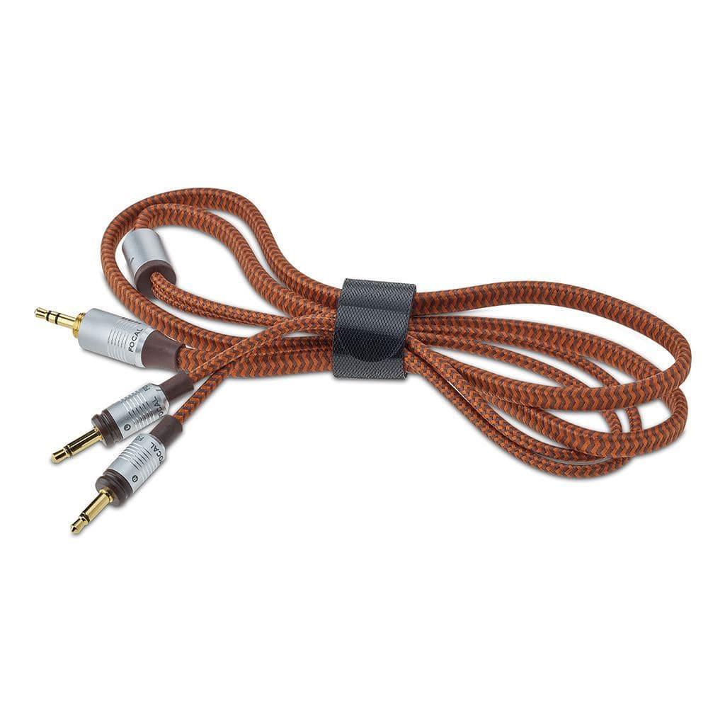 A braided brown audio cable for Focal Stellia headphones by Focal, designed for closed-back use, with two gold-plated 3.5mm connectors on one end, a single connector on the other, and a black Velcro strap for tidy storage.