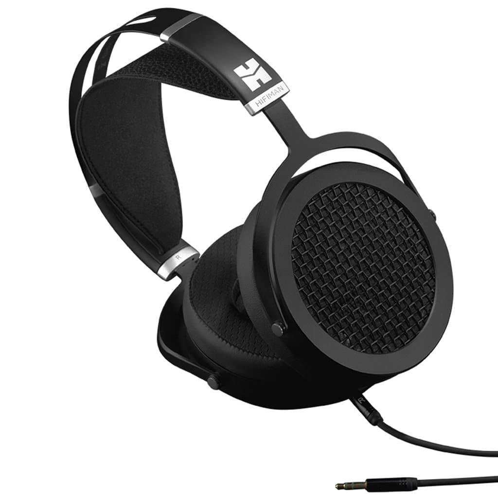 The Hifiman Sundara Headphones | 2020 Edition feature a black over-ear design, mesh ear cups, padded headband, and a visible 3.5mm audio jack for outstanding planar magnetic audio—crafted by Hifiman.