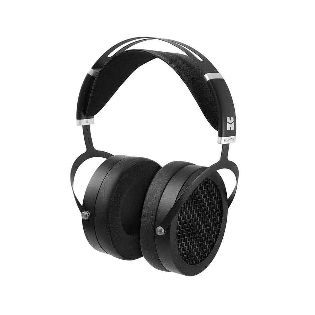 The Hifiman Sundara Headphones | 2020 Edition feature a black, minimalist design with cushioned headband, round ear cups with honeycomb grilles, and planar magnetic drivers for outstanding audio quality.