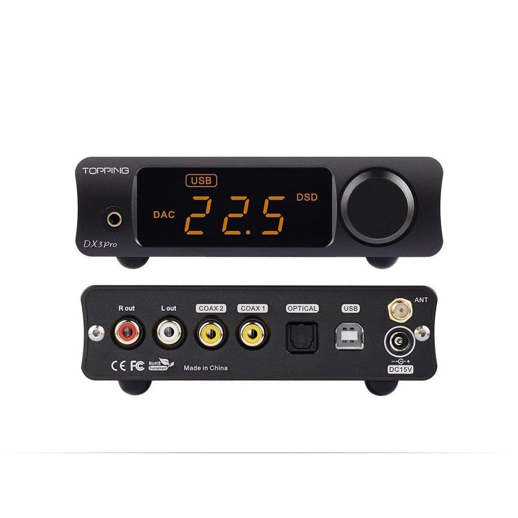 Front and back view of the Topping DX3 Pro DAC/Amp - Open Box by Topping in black, with digital display, control knob, multiple input/output ports. Supports Hi-Res Audio Wireless and functions as a Bluetooth headphone amp.