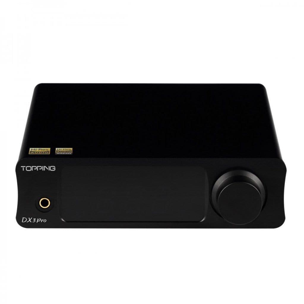 The Topping DX3 Pro DAC/Amp - Open Box by Topping features a black design with LDAC Bluetooth, display screen, large control knob, 3.5mm headphone jack, and top corner labels on a white background for Hi-Res Audio Wireless performance.