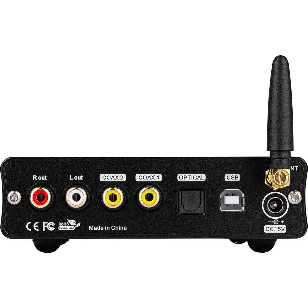 The back panel of the Topping DX3 Pro DAC/Amp - Open Box features RCA outputs, two coaxial inputs, one optical input, USB port, power input, and wireless antenna. Certification labels and Made in China are also visible. Brand: Topping.