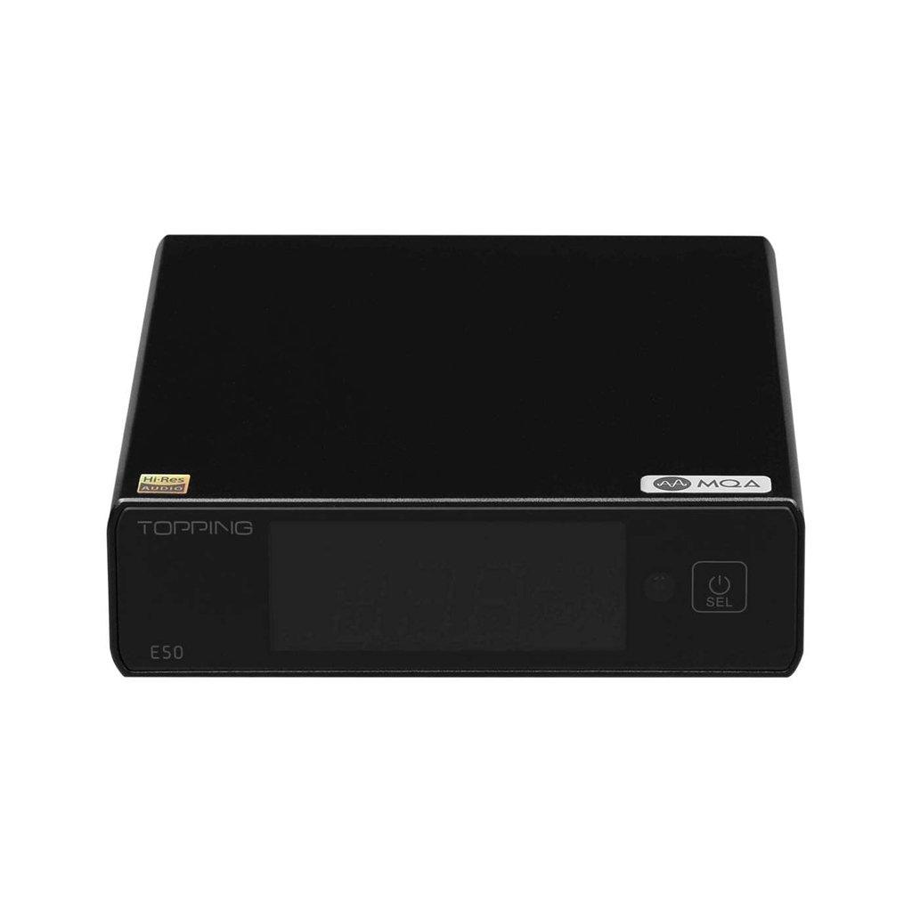 A black Topping E50 Desktop Digital to Analog Convertor (DAC) by Topping, shown from the front, with a display, power button, MQA logo on top, and featuring MQA decoding and an advanced ES9068AS Sabre DAC.
