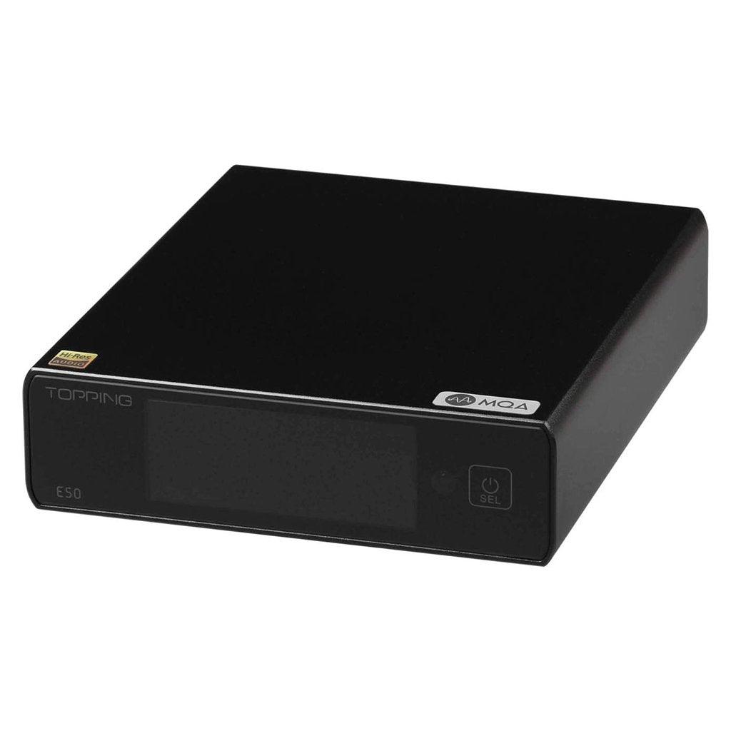 The Topping E50 Desktop Digital to Analog Converter (DAC) by Topping is a black, rectangular, high-resolution device with an ES9068AS Sabre DAC, digital display, front buttons, and minimalistic branding on its compact surface.