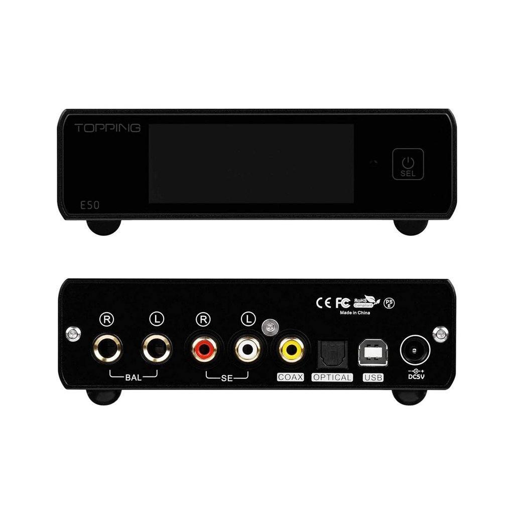 Front and back views of the Topping E50 Desktop DAC by Topping: front has a display and button; rear includes balanced/unbalanced outputs, coaxial, optical, USB inputs, DC power port, plus MQA decoding support.