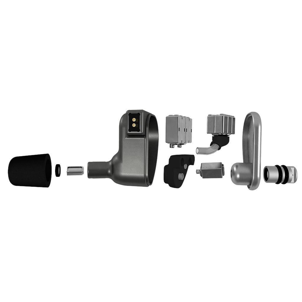 Exploded view of the 64 Audio U12t In-Ear Headphones by 64 Audio, displaying aligned components like connectors, housing, and circuitry for natural sound reproduction against a white background.