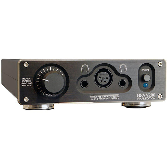 The Violectric HPA V280-FE Desktop Headphone Amplifier features V200 technology, a metal front panel, large volume knob, headphone jacks, power button, and indicator lights—ideal for high impedance headphones.