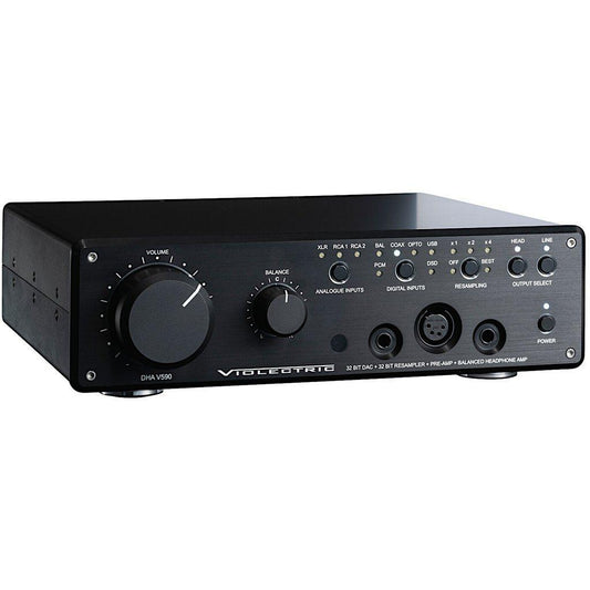 The Violectric V590 Desktop Headphone DAC/Amp by Violectric is a black, balanced audio device with multiple front-panel knobs, buttons, indicator lights, and input/output ports for headphone amplification and audio control.