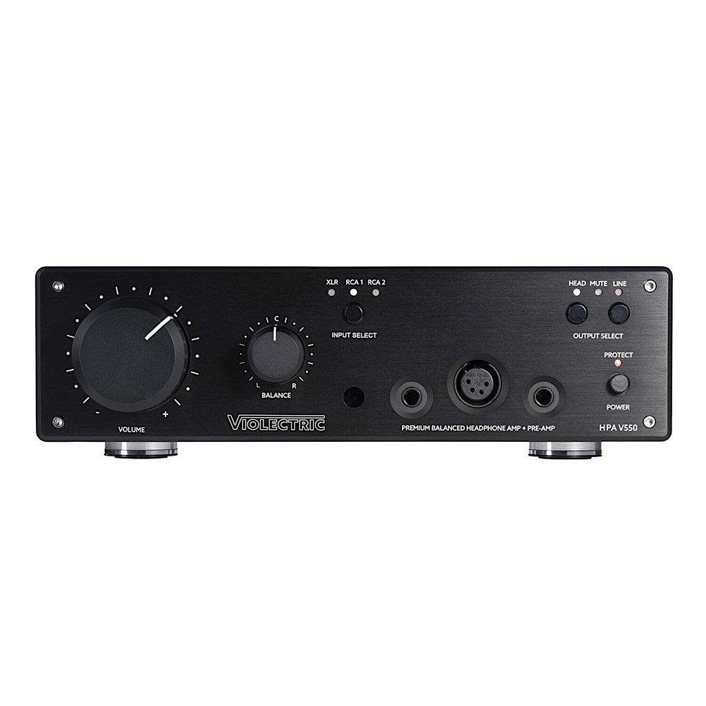 Front view of the Violectric V550 Desktop Headphone Amplifier by Violectric, showing volume and balance knobs, input/output select buttons, labeled ports, and indicators on its front panel.