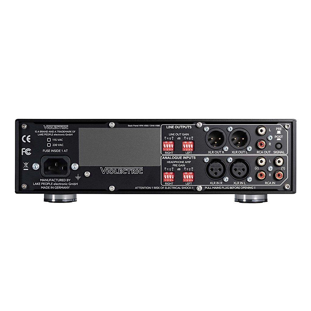 Rear view of the Violectric V550 Desktop Headphone Amplifier by Violectric, displaying XLR and RCA ports, terminal blocks for line outputs and analog inputs, plus power and fuse information.