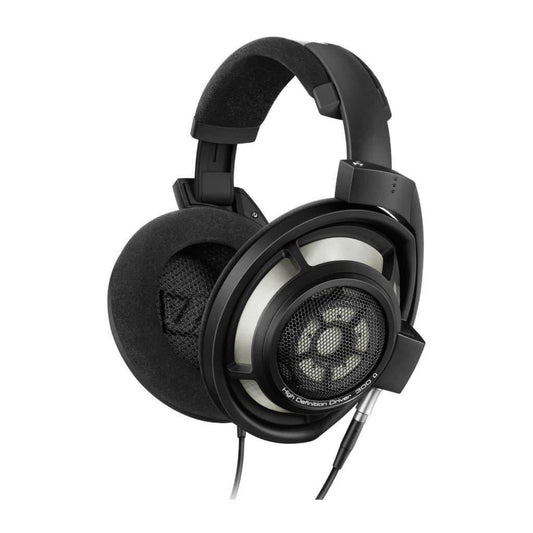 The Sennheiser HD 800S Headphones - Open Box feature black open-back design, cushioned ear pads, and sound absorber technology, connected by cable and displayed against a white background.