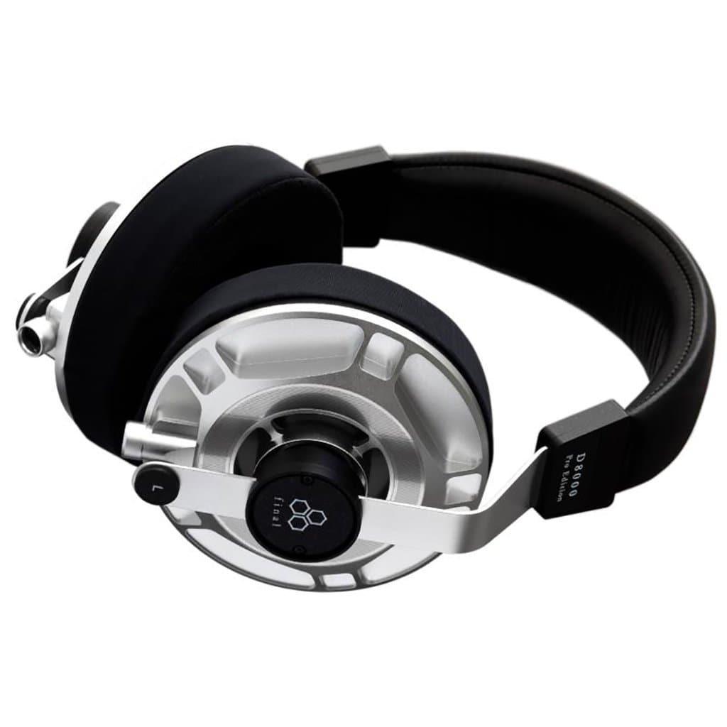 The Final Audio D8000 Pro over-ear headphones by Final Audio feature black and silver metallic and matte finishes, cushioned ear pads, a wide padded headband, and visible adjustment mechanisms. Shown against a white background.