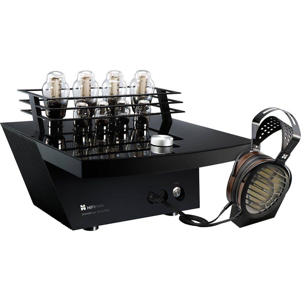 The Hifiman Shangri-La SR Electrostatic Headphones & Amp System features high-end open-back headphones connected to a sleek, black amplifier with visible vacuum tubes and a modern design.