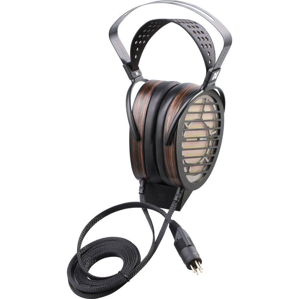 The Hifiman Shangri-La SR Electrostatic Headphones feature open-back, over-ear wooden ear cups, a black metal headband, and a thick braided detachable multi-pin cable—designed for use with the included amplifier system.