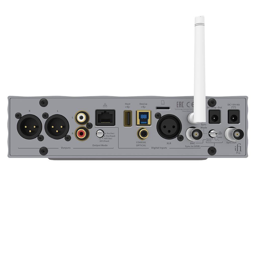 Rear view of the iFi Audio Pro iDSD Signature DAC/Amp & Streamer by iFi Audio, showing labeled XLR, RCA, USB, coaxial, optical, and Ethernet ports plus Wi-Fi antenna.