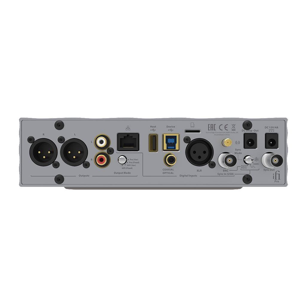 Rear view of the iFi Audio Pro iDSD Signature DAC/Amp & Streamer, showing XLR, RCA, optical, coaxial, USB, and Ethernet ports plus power connections; labeled controls and certification marks are visible.