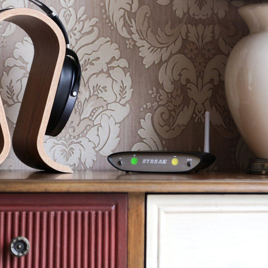iFi audio Zen Stream technological streamer, lifestyle setting, adjacent headphones & stand | Headphones.com