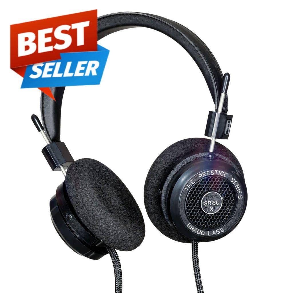 Grado SR80x Headphones by Grado feature black, open-back design, foam ear pads, and X Series Driver for outstanding soundstage. A Best Seller banner in red and blue is shown in the top left corner of the image.