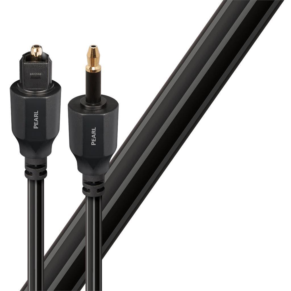 The AudioQuest Pearl Optilink cables by AudioQuest include one with a square Toslink (S/PDIF optical) connector and another with a 3.5mm mini optical connector, both designed for high-quality digital audio connections.