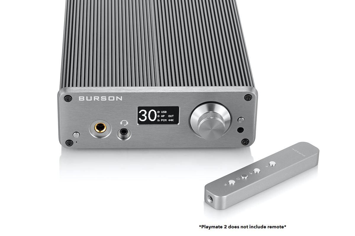 The Burson Audio Playmate 2 Class-A amplifier with DAC, digital display, control knob, and headphone jack is shown. A slim silver remote is in front. Text states: “*Playmate 2 does not include remote*”.