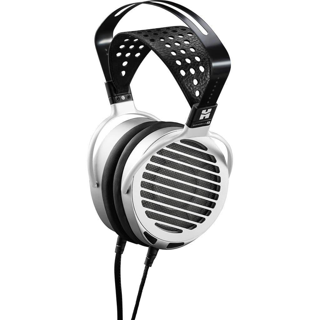 Hifiman Shangri-La Jr Headphones by Hifiman feature a silver open-back design with large circular ear cups, black grille accents, a black padded headband, and visible black audio cables. Inspired by the original Shangri-La Jr Electrostatic Headphones.