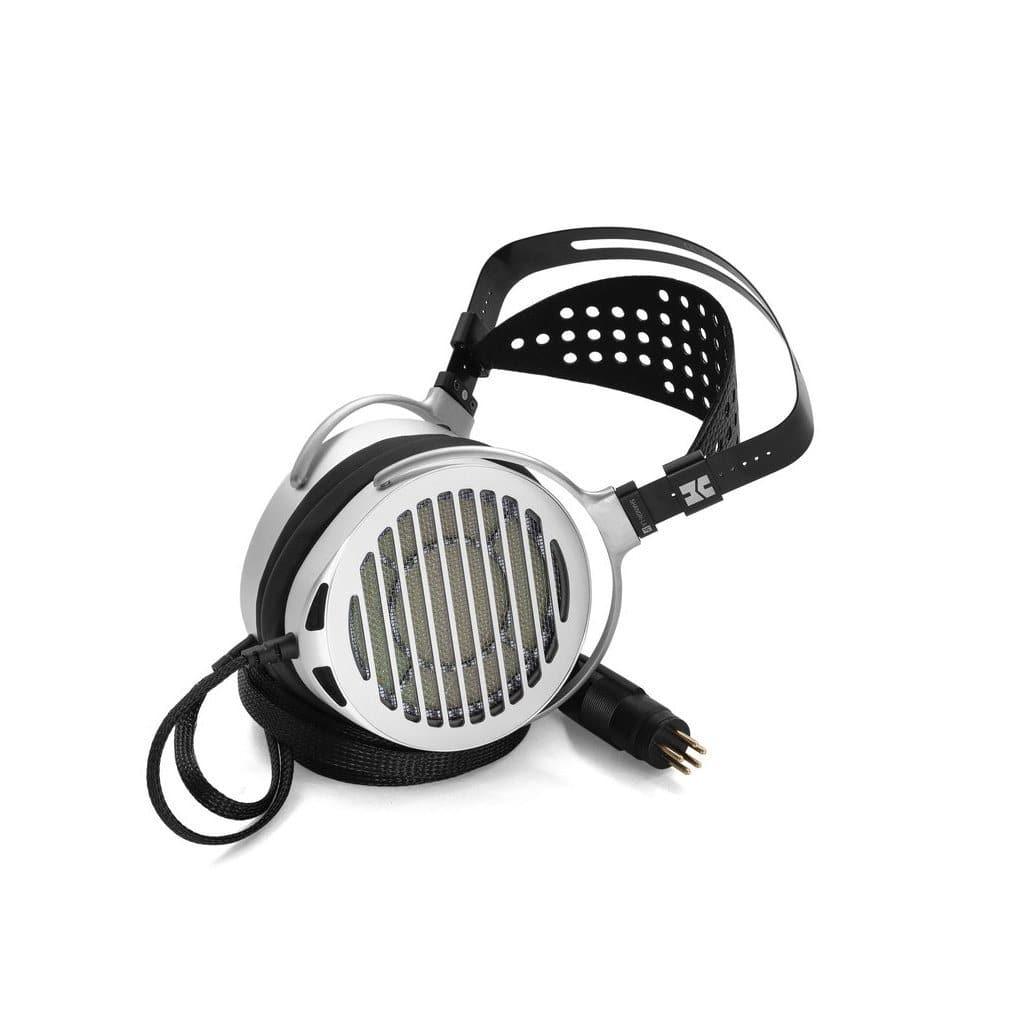 The Hifiman Shangri-La Jr Headphones by Hifiman are high-end, open-back electrostatic headphones in silver and black, featuring nanotech drivers, a perforated headband, and a thick braided three-pin cable against a white background.