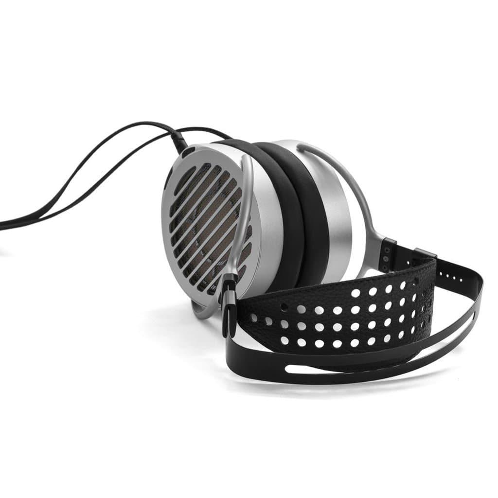 The Hifiman Shangri-La Jr Headphones by Hifiman are large, open-back, over-ear headphones with silver ear cups featuring horizontal grille slats, thick black ear pads, and a perforated black headband attached to a cable.