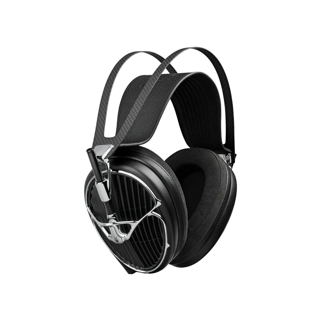 The Meze Audio ARTA Headphones by Meze are black, over-ear, open-back headphones featuring a silver metal frame, wide adjustable headband, large cushioned ear pads, and an open-back grille design, shown isolated on a white background.