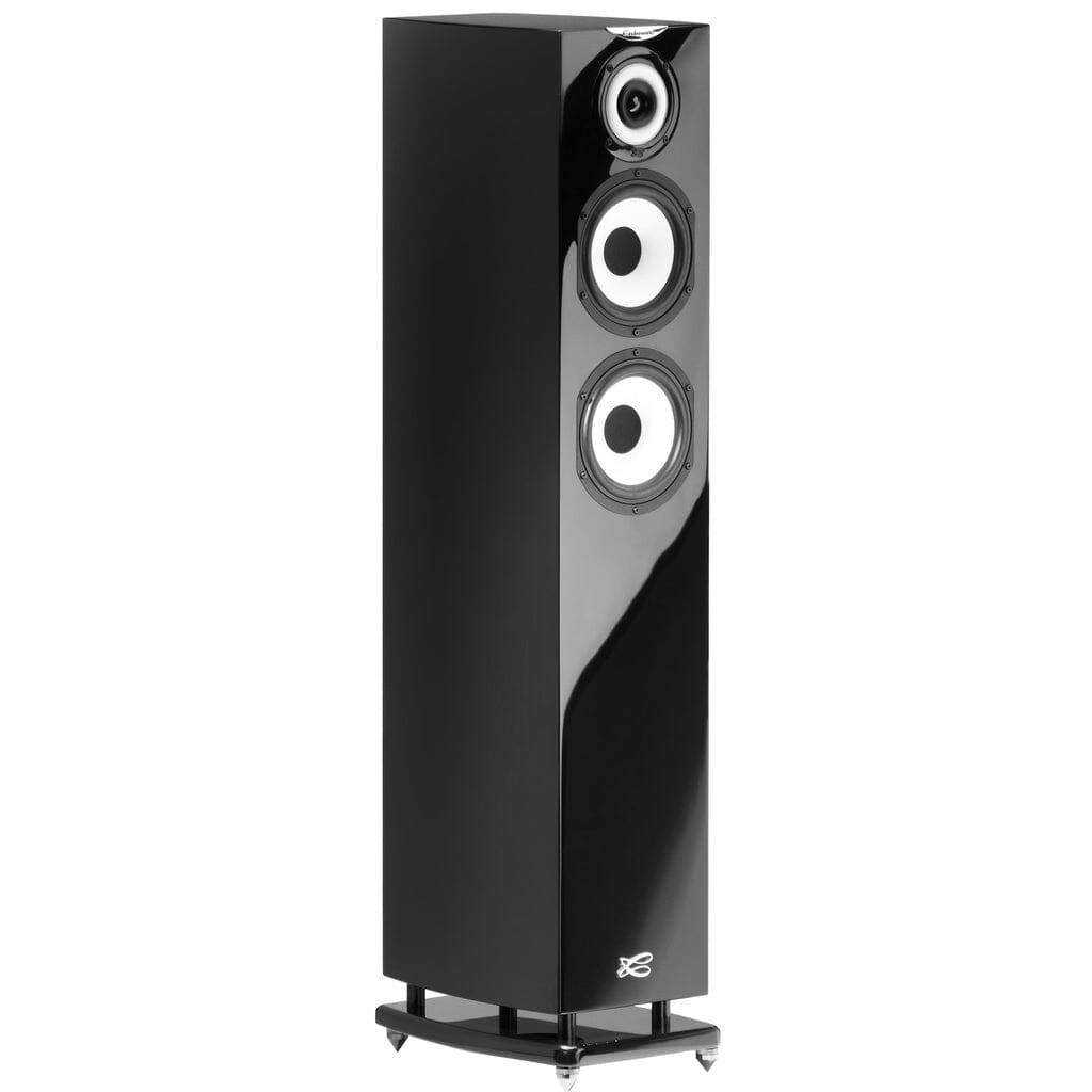 The Cabasse JAVA MC40 Floorstanding Speaker features a tall, glossy black design with three circular drivers using advanced coaxial technology and a sturdy four-footed base, delivering high-fidelity stereo sound.