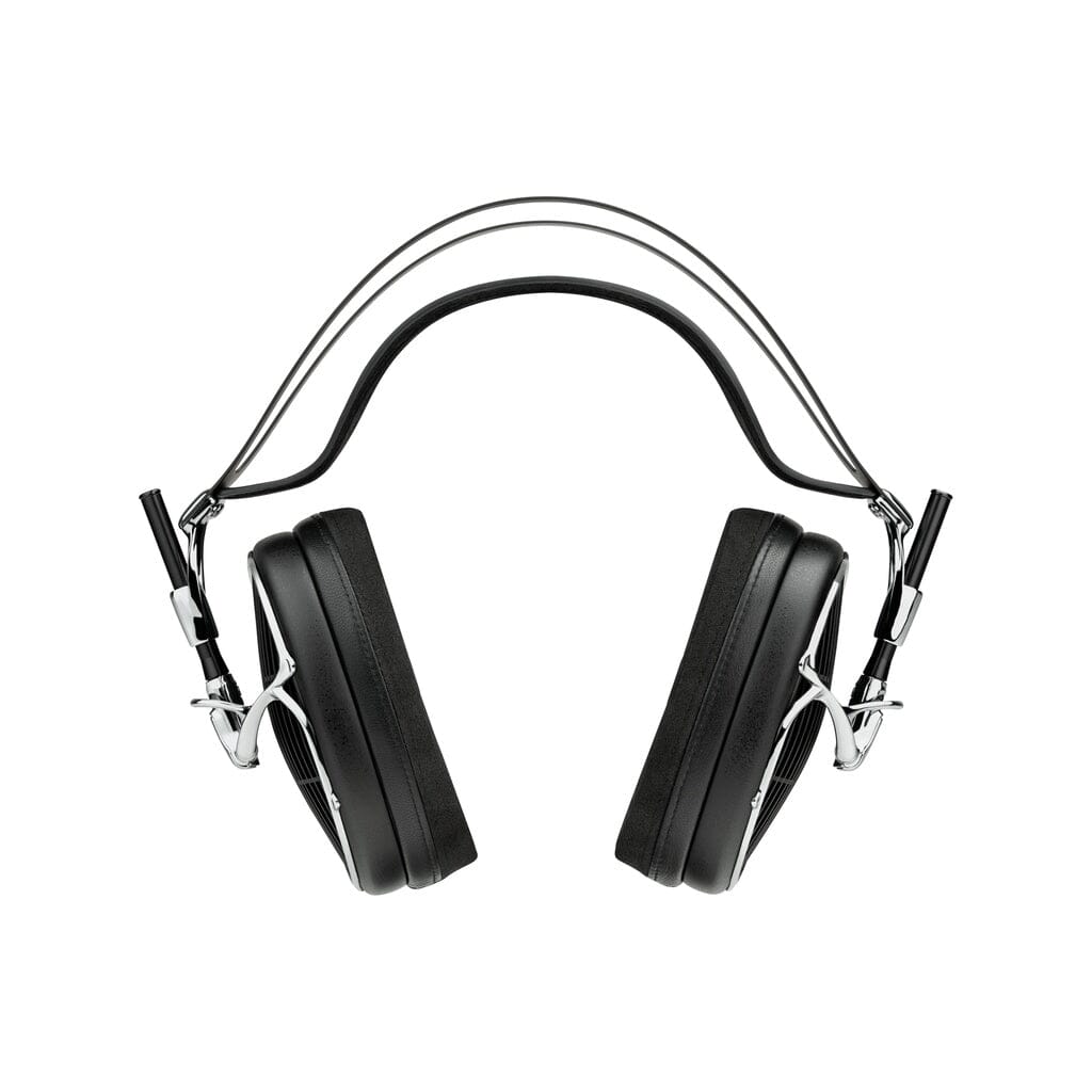 The Meze Audio ARTA Headphones by Meze are sleek black over-ear headphones featuring a sturdy metal headband and plush, thick ear cushions. Presented upright against a white background, both ear cups and the headband are clearly visible, highlighting the high impedance design.