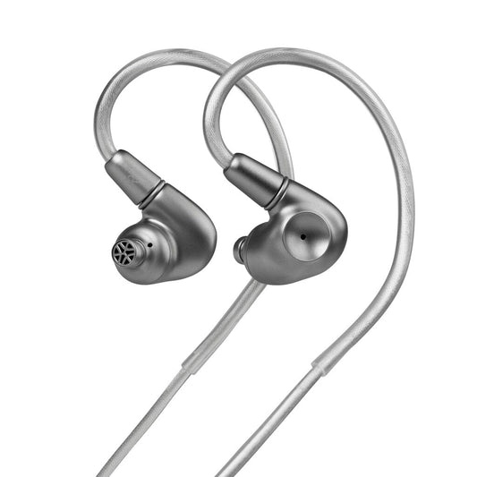 The Meze Audio Astru In-Ear Headphones by Meze are premium titanium IEMs featuring over-ear hooks and detachable cables, shown on a white background.
