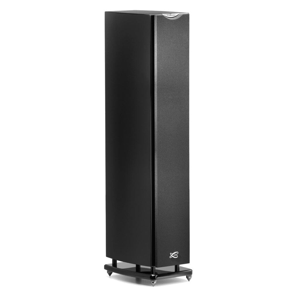 The Cabasse JAVA MC40 Floorstanding Speaker features a tall, rectangular black design with sleek, angled edges, a subtle front logo, and stands on four feet. Enjoy high-fidelity stereo sound with this stylish Cabasse speaker.