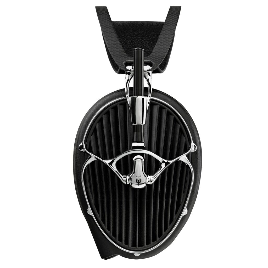 The Meze Audio ARTA Headphones by Meze feature a unique black and silver design with ribbed ear cups and visible metallic structural elements arranged in an artistic pattern. These open-back headphones blend striking aesthetics with exceptional audio performance.