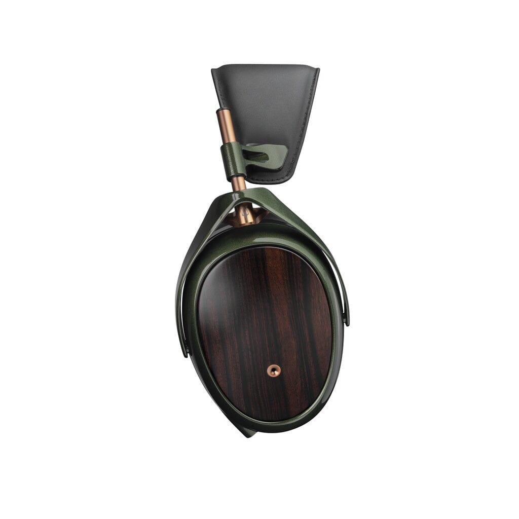 The Meze Audio Strada Headphones, by Meze, feature closed-back over-ear design, wooden ear cups, a dark green metallic frame, and a black padded headband for balanced sound, displayed against a white background.