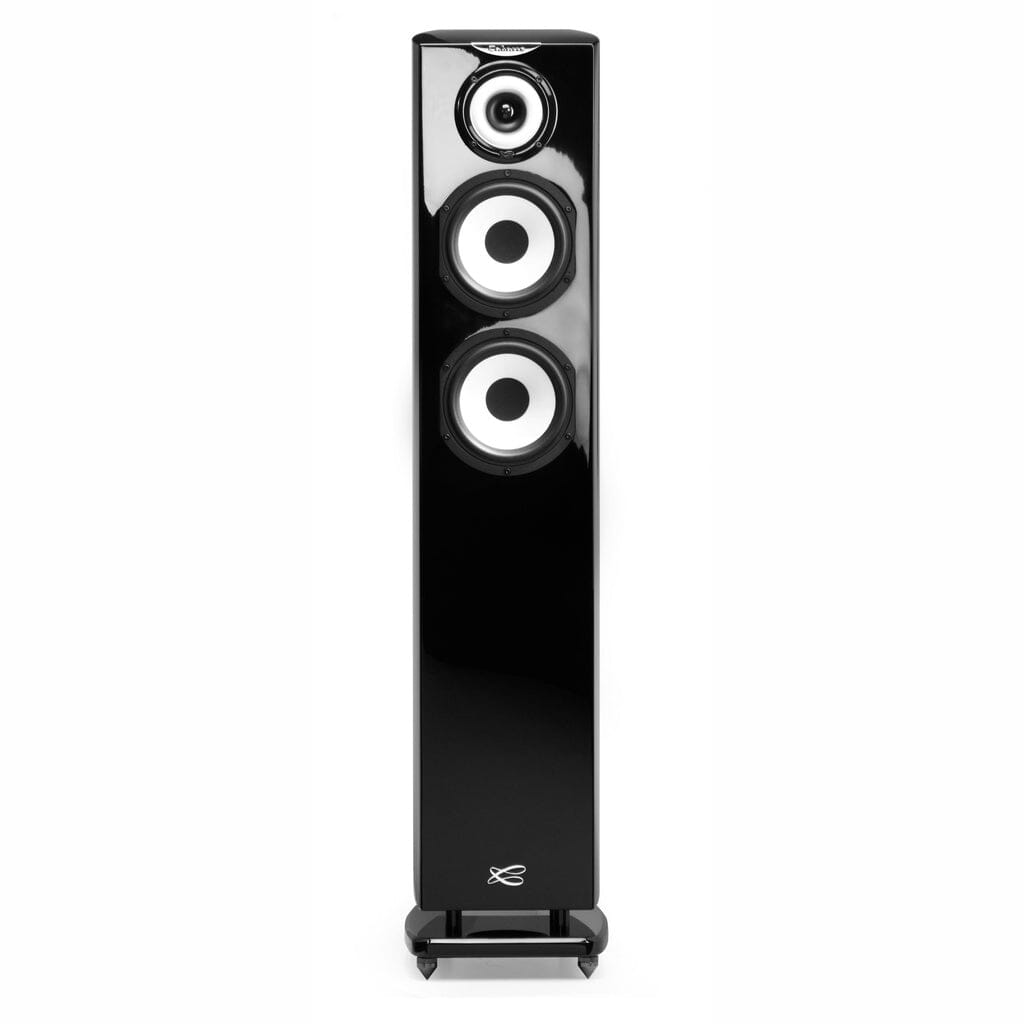 The Cabasse JAVA MC40 Floorstanding Speaker features a tall, glossy black design with three vertically aligned circular drivers on the front panel, delivering high-fidelity sound. Shown against a white background.