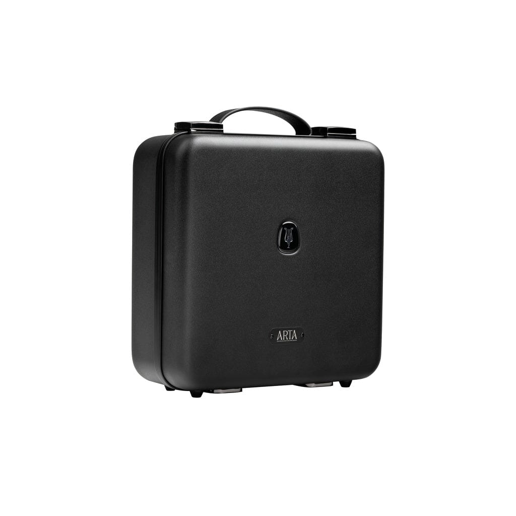 A black hard-shell suitcase with a handle, center keyhole lock, and a subtle Meze logo near the bottom stands upright against a white background—perfect for safely transporting your Meze Audio ARTA headphones on every journey.