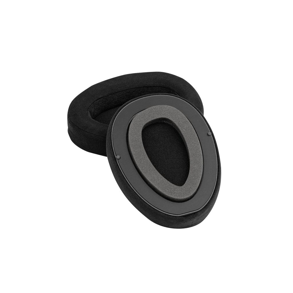 Two black oval-shaped ear pads designed for the Meze Audio ARTA Headphones by Meze, ideal for planar magnetic headphones, with one pad standing upright and the other lying flat against a plain white background.