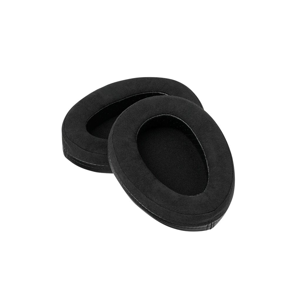 Two black oval-shaped ear pads, crafted from soft material and designed for use with Meze Audio ARTA Headphones by Meze, are shown overlapping each other on a plain white background.
