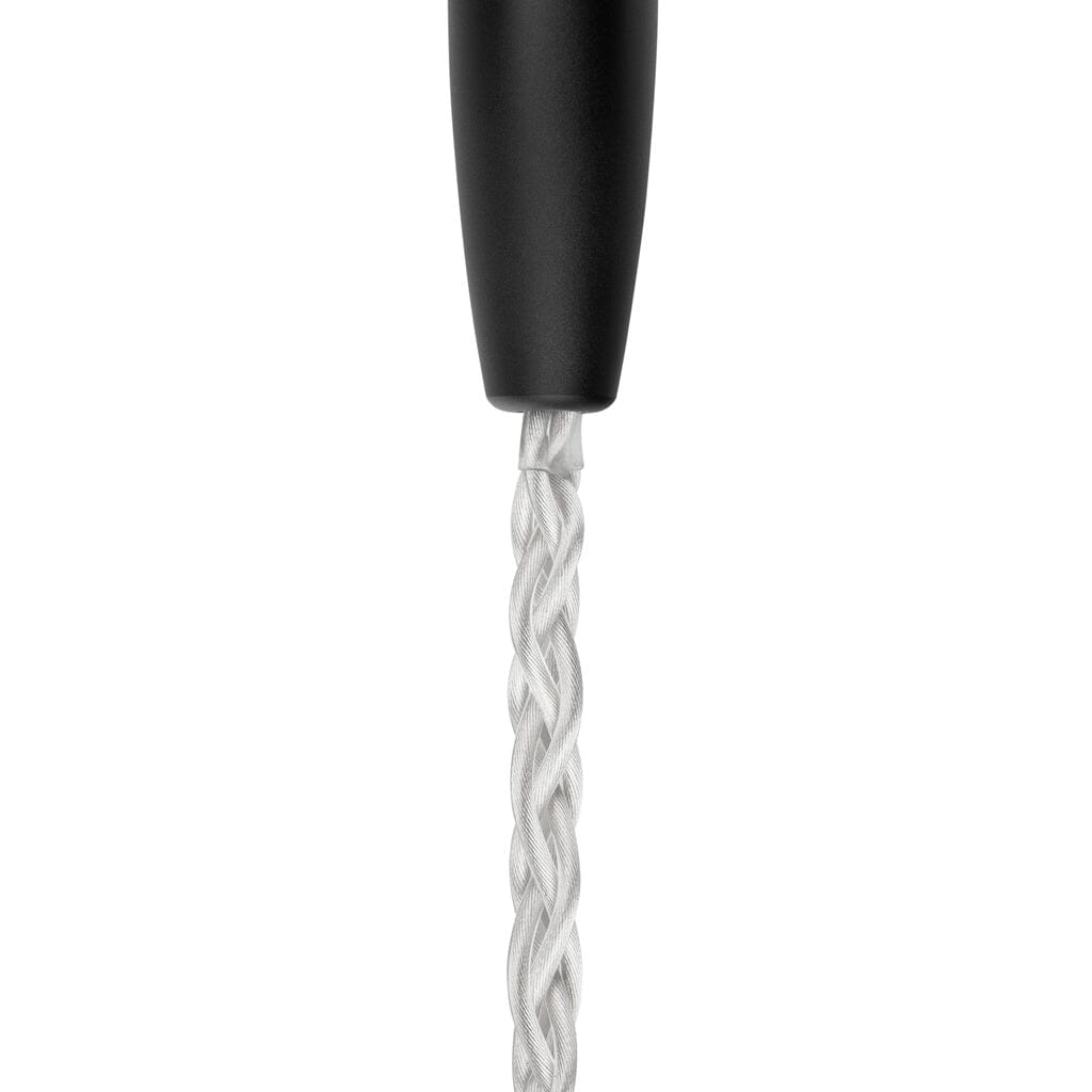 A close-up of the black handle of the Meze Audio ARTA Headphones, attached to a silver braided cable, shown vertically against a white background—an ideal connection for high impedance headphones from Meze.