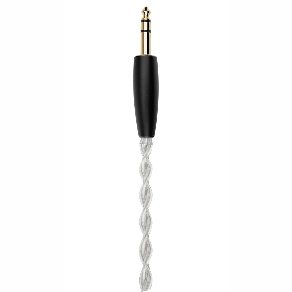 A Meze Audio ARTA Headphones audio jack, featuring a gold and black connector with a braided silver cable, is displayed vertically against a white background.