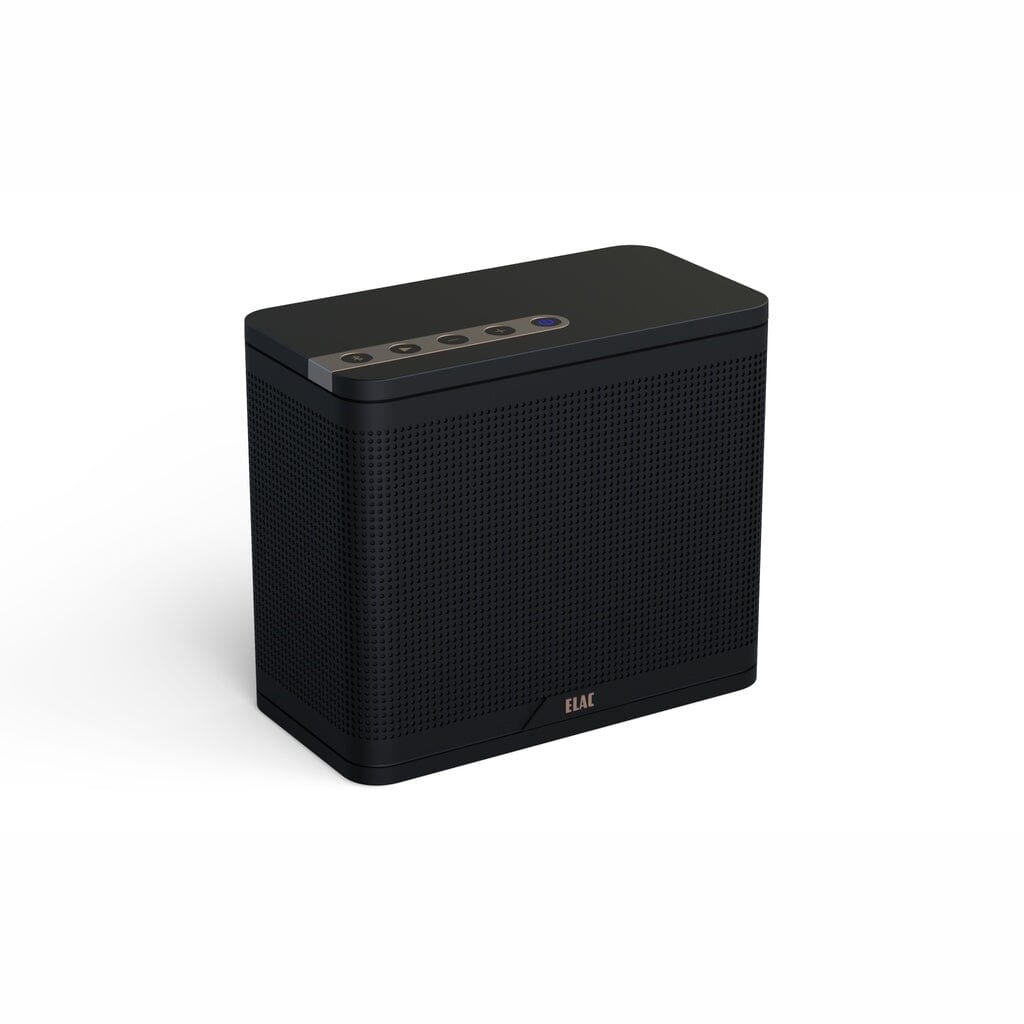 The ELAC NAVA 100 Portable Bluetooth Speaker by ELAC features a black rectangular design with a perforated front, rounded edges, and top-panel controls. It delivers balanced sound and is shown on a white background.