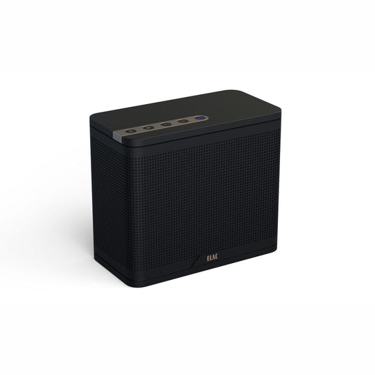The ELAC NAVA 100 Portable Bluetooth Speaker by ELAC features a black rectangular design with a perforated front, rounded edges, and top-panel controls. It delivers balanced sound and is shown on a white background.