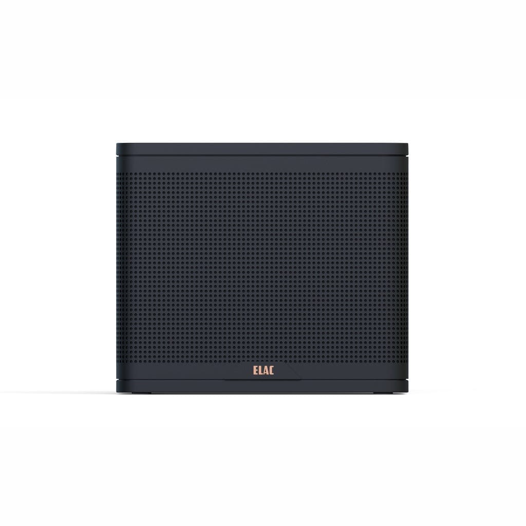 The ELAC NAVA 100 Portable Bluetooth Speaker, in black with a perforated front panel and rectangular design, features the ELAC logo near the bottom center. It’s shown against a white background.