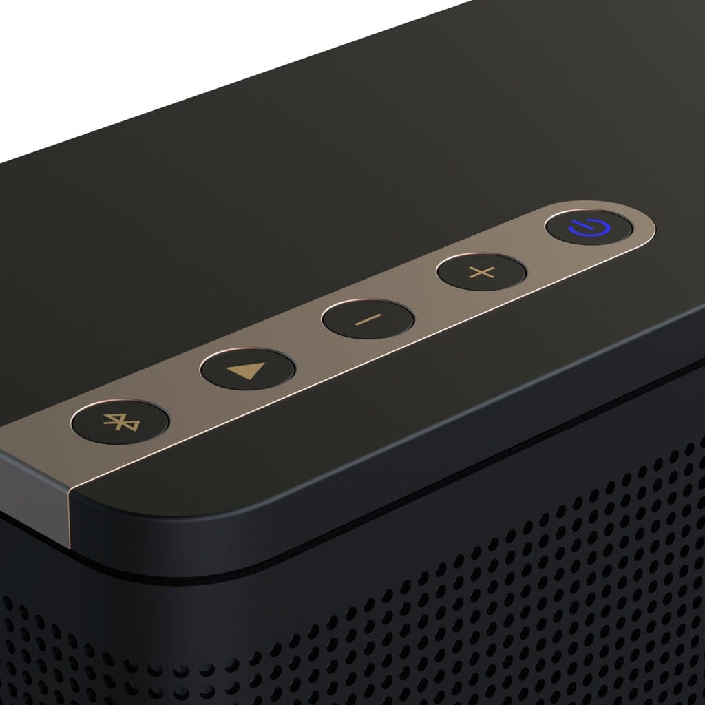 Close-up of the top panel of the ELAC NAVA 100 Portable Bluetooth Speaker by ELAC, featuring buttons for Bluetooth, play/pause, volume down, volume up, and a power button illuminated with blue light.