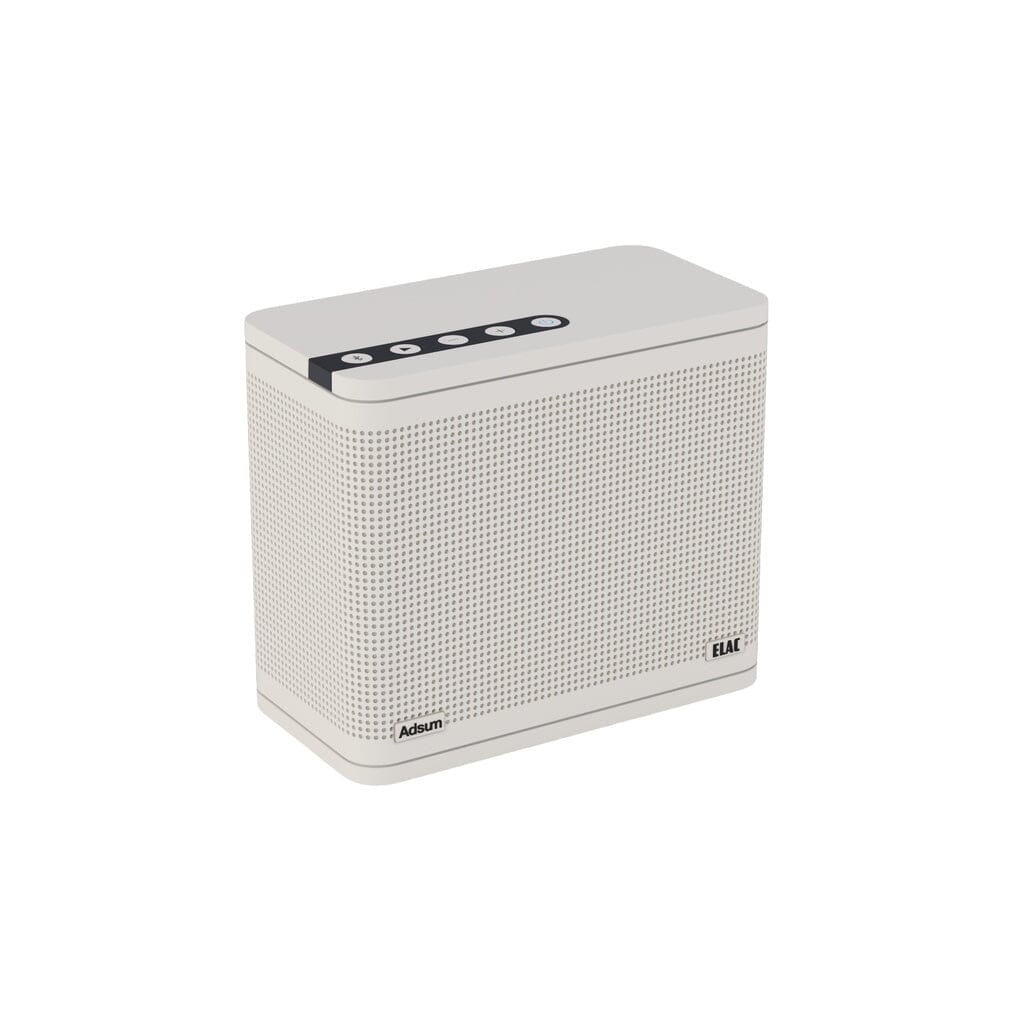 The ELAC NAVA 100 Portable Bluetooth Speaker, featuring a white rectangular design with a perforated front grille and control buttons on top, showcases balanced sound. Both ELAC and Adsum logos are displayed on the front panel against a plain white background.