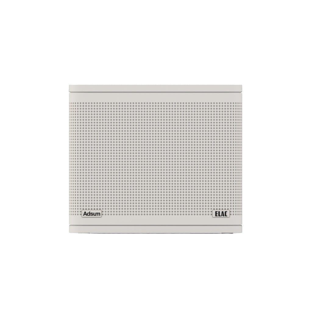 The ELAC NAVA 100 Portable Bluetooth Speaker features a compact white rectangular design with a perforated front grille, ELAC and Adsum logos at the corners, and delivers balanced sound against a plain white background.