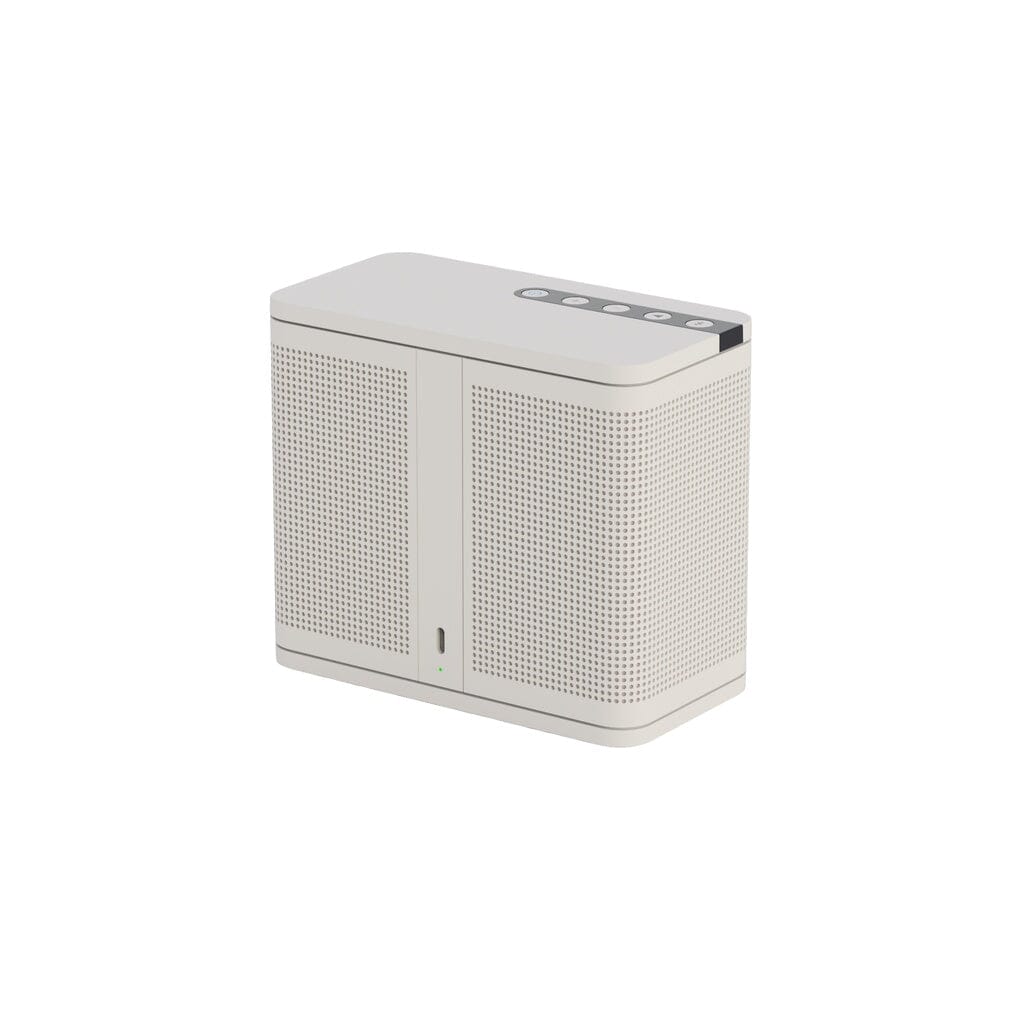 The ELAC NAVA 100 Portable Bluetooth Speaker by ELAC features a white rectangular design with rounded edges, dual front-facing speaker grills, and top right control buttons for balanced sound on the go.