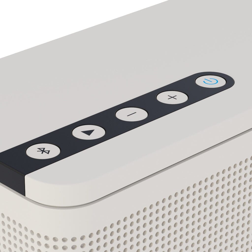 Close-up of the ELAC NAVA 100 Portable Bluetooth Speaker’s top control panel with five buttons: Bluetooth, play/pause, volume down, volume up, and power. The compact white speaker by ELAC features a perforated grille for balanced sound.
